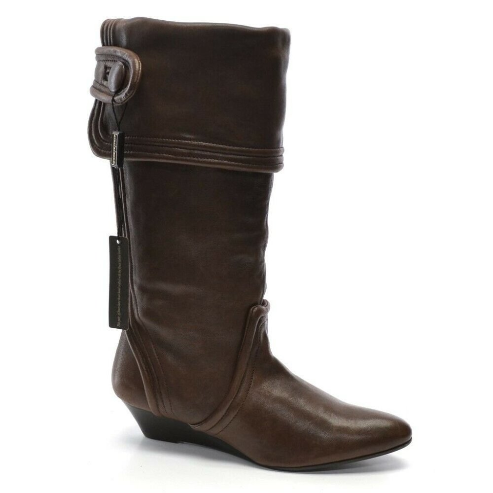 Migliorini Brown Leather Wedge Fold Over Boot 6.5 M New